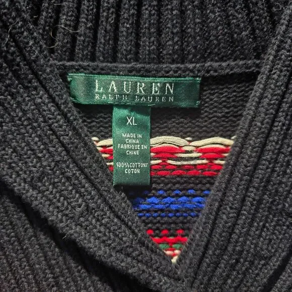 Lauren Ralph Lauren Cotton Sweater Black Shawl Fair Isle Nordic Design Toggle XL - Picture 5 of 9